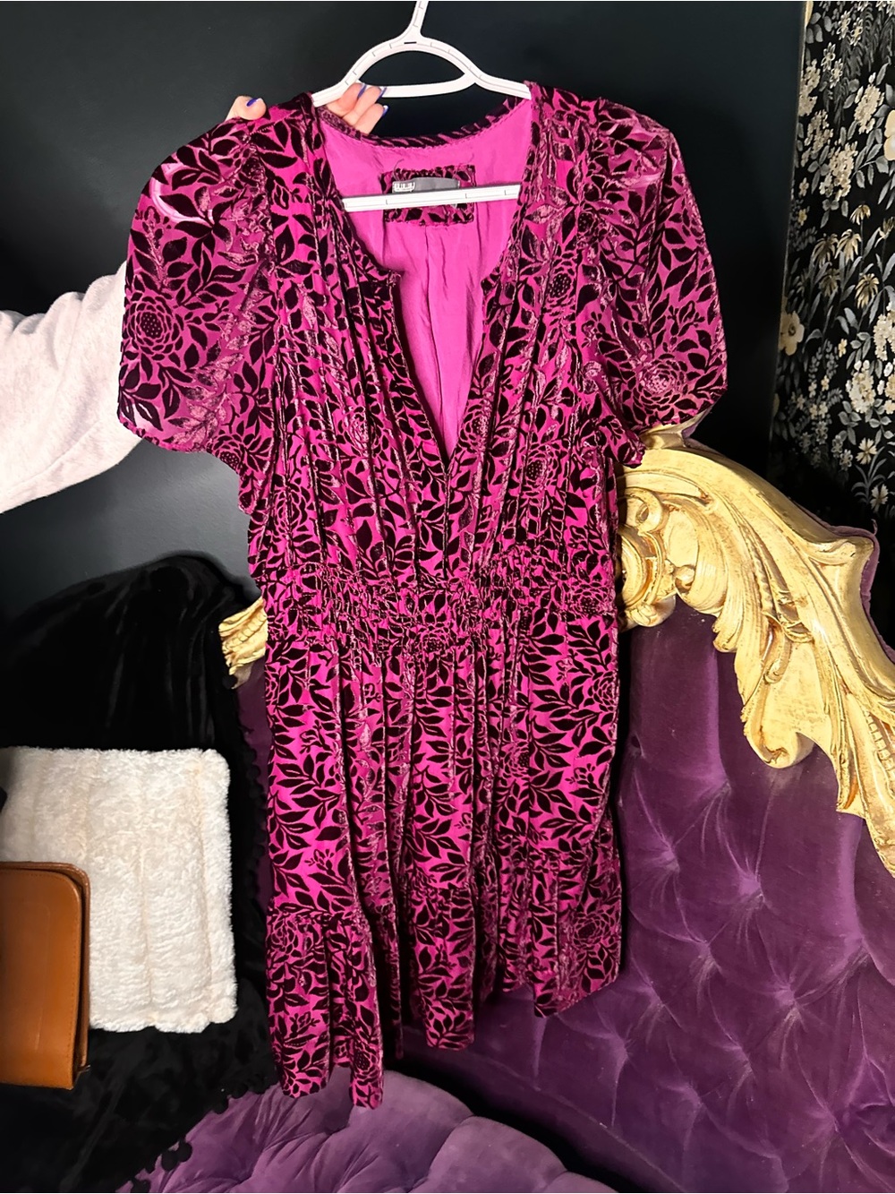 Anthropologie Magenta Velvet Burnout Puff-Sleeve Mini Dress